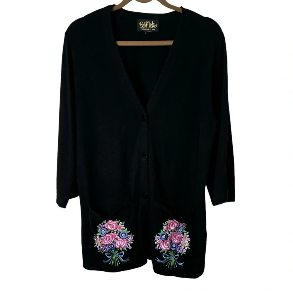 Bob Mackie Wearable Art Cardigan Large Knit Embroidered Pockets